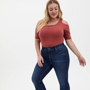 Torrid Foxy V-Neck Lace-Up Cold Shoulder Top (Color: Marsala)